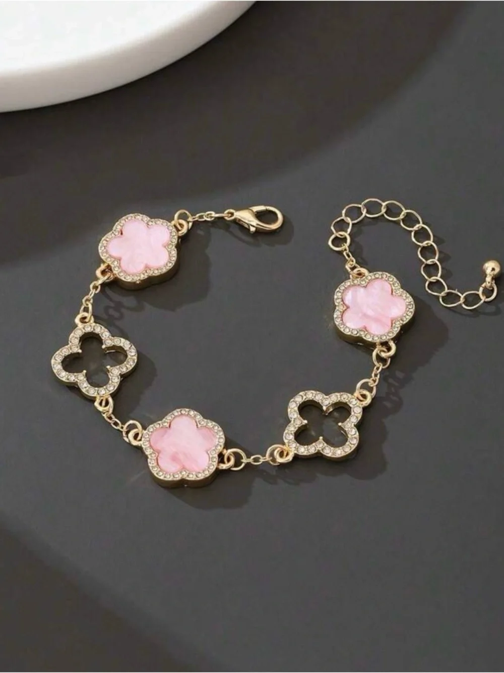 Gold Plated Pink Clover Link Bracelet - Picture 4 of 4